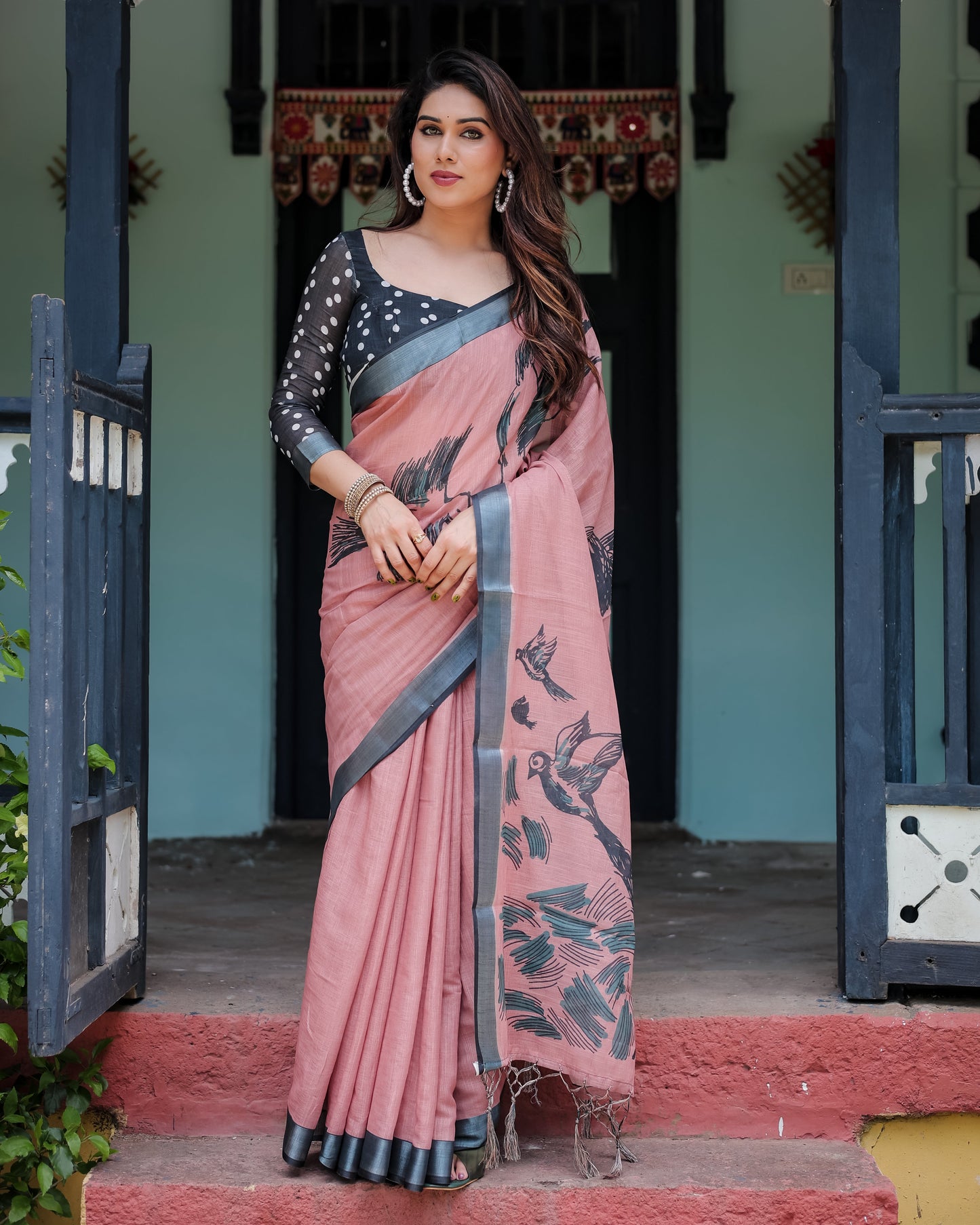 Blush Pink Pure Cotton Linen Saree with Contrast Polka Dot Blouse and Tassel Detailing