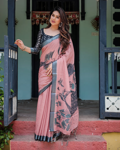 Blush Pink Pure Cotton Linen Saree with Contrast Polka Dot Blouse and Tassel Detailing