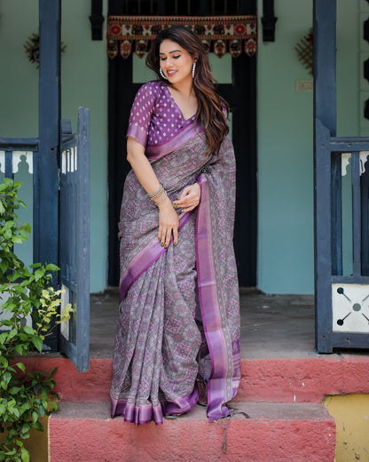 Elegant Purple Cotton Linen Saree with Geometric Motif and Blouse