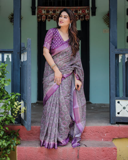 Elegant Purple Cotton Linen Saree with Geometric Motif and Blouse