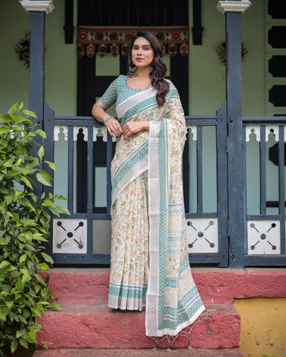 Elegant Floral Printed Pure Cotton Linen Saree in Ivory with Teal Border and Blouse, Tassels on Edges