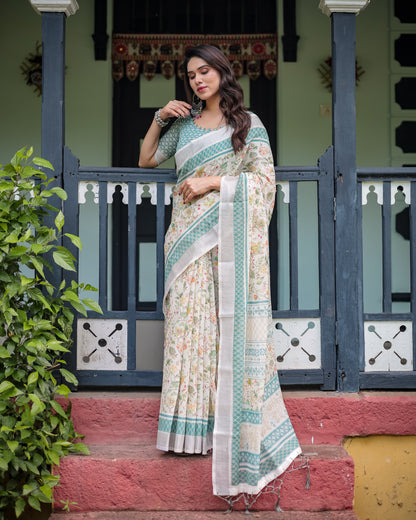 Elegant Floral Printed Pure Cotton Linen Saree in Ivory with Teal Border and Blouse, Tassels on Edges