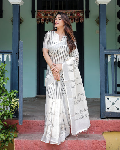 White and Black Pure Cotton Linen Saree with Striped Pattern, Blouse, and Tassel Detailing