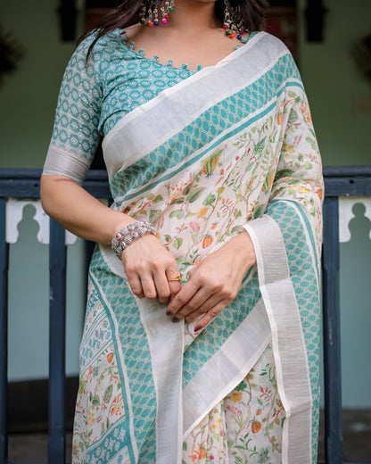 Elegant Floral Printed Pure Cotton Linen Saree in Ivory with Teal Border and Blouse, Tassels on Edges