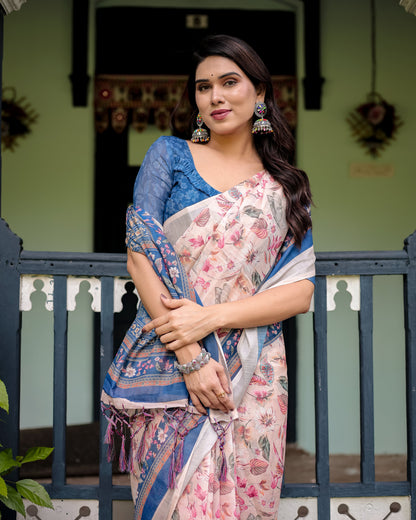 Pure Cotton Linen Saree with Blue Floral Border and Pink Leaf Design with Tassels on Edges