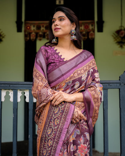 Purple Floral Printed Pure Cotton Linen Saree with Blouse and Tassels