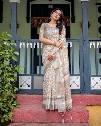 Beige Pure Cotton Linen Saree with Geometric and Leaf Pattern, Blouse, and Tassels