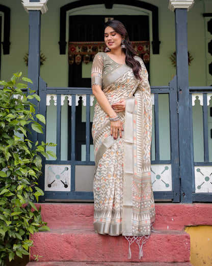 Beige Pure Cotton Linen Saree with Geometric and Leaf Pattern, Blouse, and Tassels