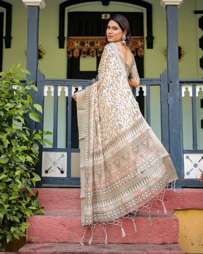 Beige Pure Cotton Linen Saree with Geometric and Leaf Pattern, Blouse, and Tassels