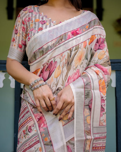 Elegant Floral Print Pure Cotton Linen Saree in Ivory with Multi-Color Florals and Tassels