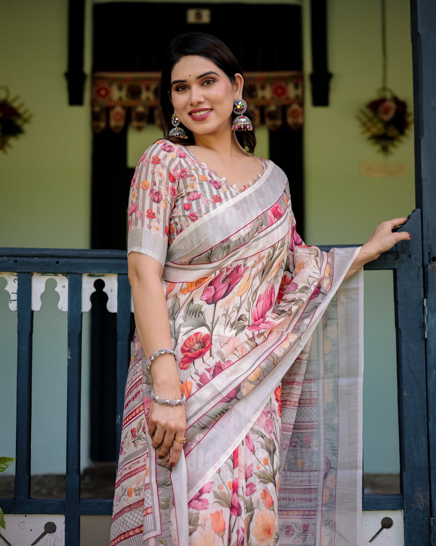 Elegant Floral Print Pure Cotton Linen Saree in Ivory with Multi-Color Florals and Tassels