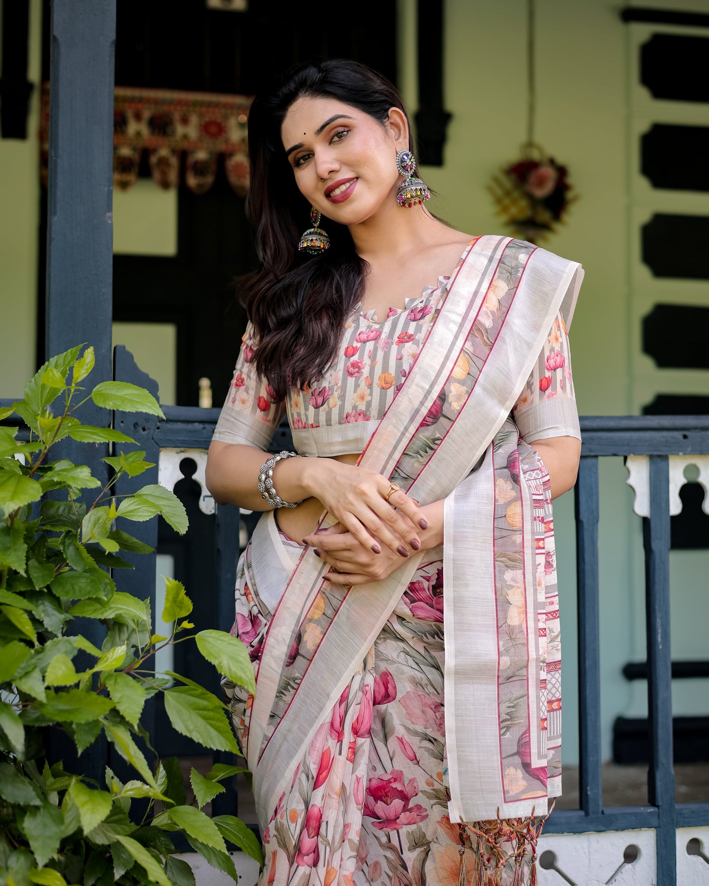 Elegant Floral Print Pure Cotton Linen Saree in Ivory with Multi-Color Florals and Tassels