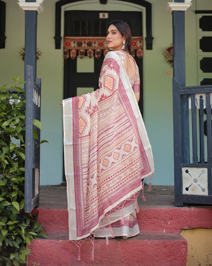 Cream and Maroon Geometric Printed Pure Cotton Linen Saree with Blouse and Tassels