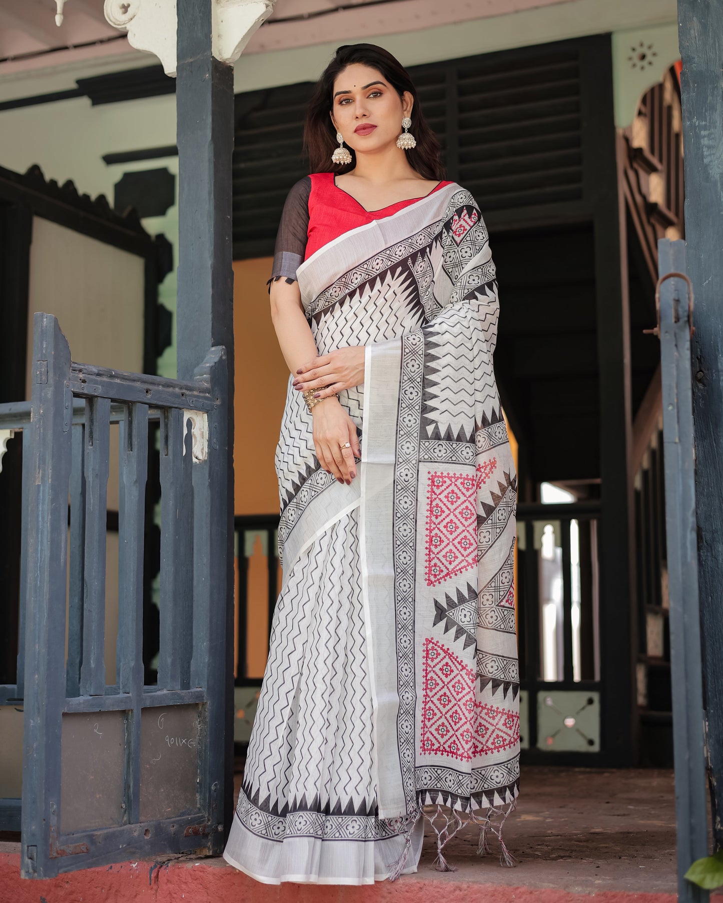 Black and White Geometric Pattern Pure Cotton Linen Saree with Red Accents, Blouse, and Tassel Details