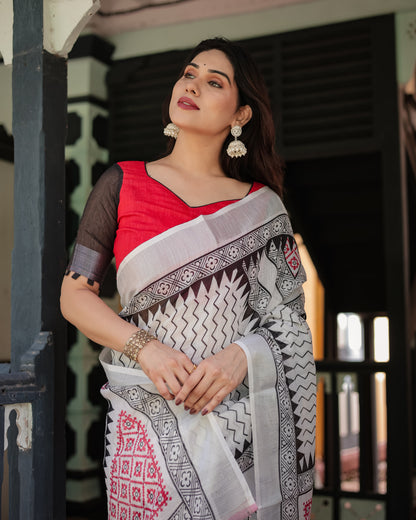 Black and White Geometric Pattern Pure Cotton Linen Saree with Red Accents, Blouse, and Tassel Details