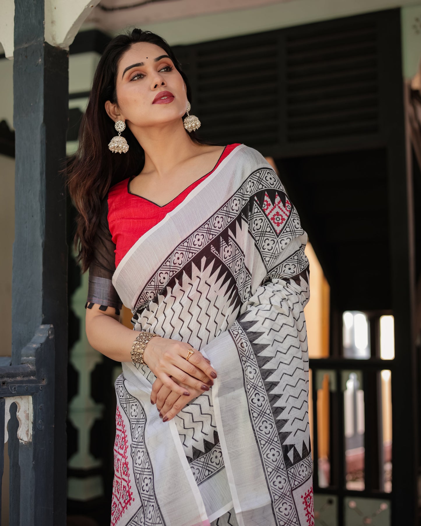 Black and White Geometric Pattern Pure Cotton Linen Saree with Red Accents, Blouse, and Tassel Details