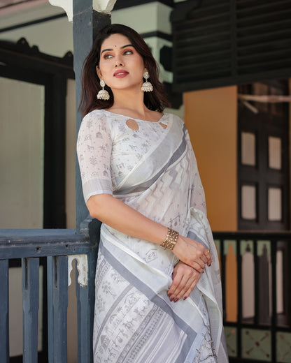 Elegant Pure Cotton Linen Saree with Intricate Grey and White Pattern, Complete with Blouse and Tassels