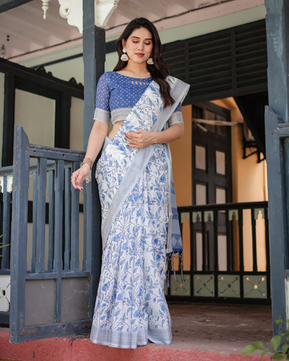 Blue and White Floral Pure Cotton Linen Saree with Blouse and Tassels