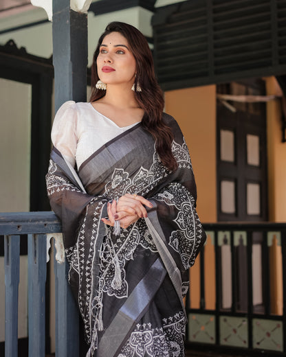 Black and White Pure Cotton Linen Saree with Intricate Floral Design and Tassels on Edges