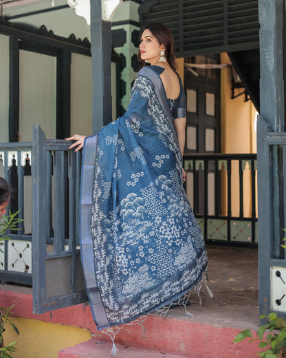 Indigo Blue Pure Cotton Linen Saree with White Floral Pattern, Blouse & Tassel Details