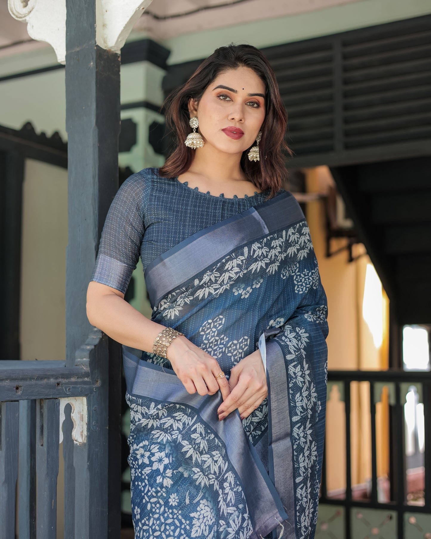 Indigo Blue Pure Cotton Linen Saree with White Floral Pattern, Blouse & Tassel Details