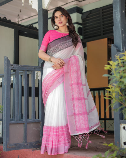 Elegant White and Pink Pure Cotton Linen Saree with Intricate Floral and Geometric Border Design and Tassels on Edges