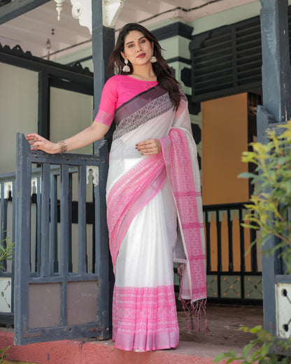 Elegant White and Pink Pure Cotton Linen Saree with Intricate Floral and Geometric Border Design and Tassels on Edges