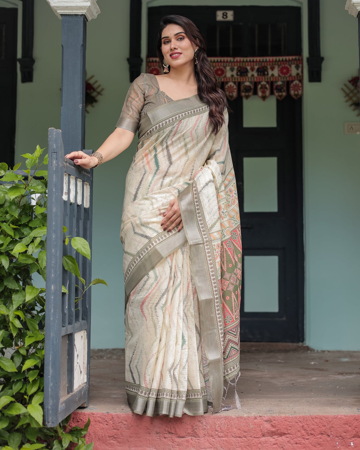 Cream and Olive Green Pure Cotton Linen Saree with Floral and Geometric Print and Tassels on Edges