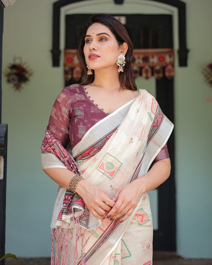 Off-white Pure Cotton Linen Saree with Intricate Geometric Pattern and Tassels on Edges