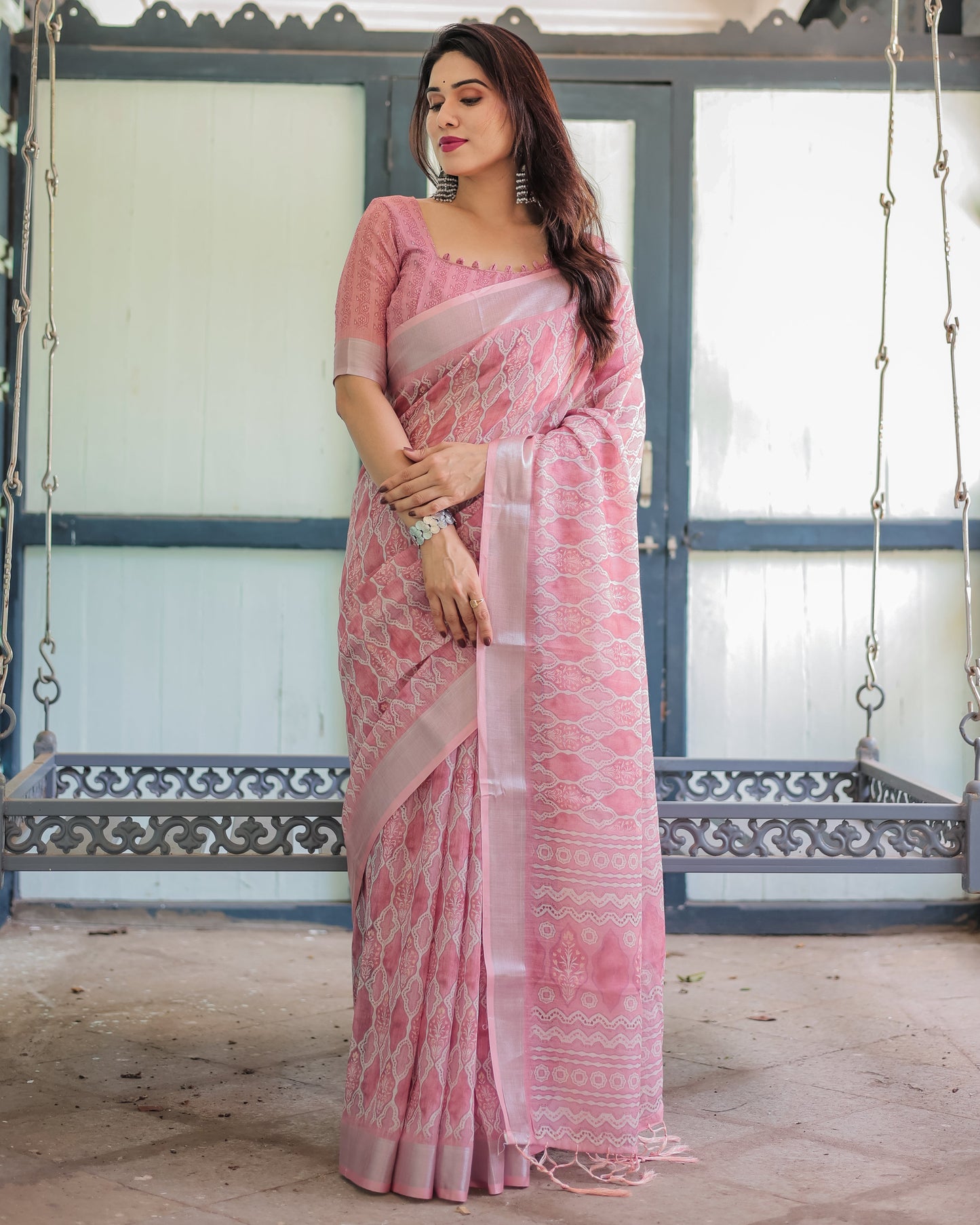 Elegant Rose Pink Pure Cotton Linen Saree with White Thread Work, Matching Blouse, and Tassel Edges