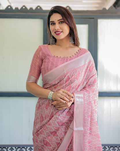 Elegant Rose Pink Pure Cotton Linen Saree with White Thread Work, Matching Blouse, and Tassel Edges