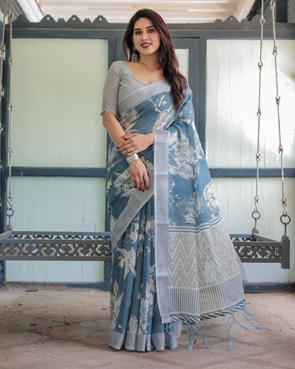 Pastel Blue Floral and Geometric Printed Cotton Linen Saree with Blouse and Tassel Edges