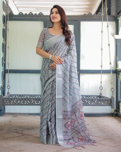 Grey Pastel Geometric & Floral Print Pure Cotton Linen Saree with Blouse and Tassels