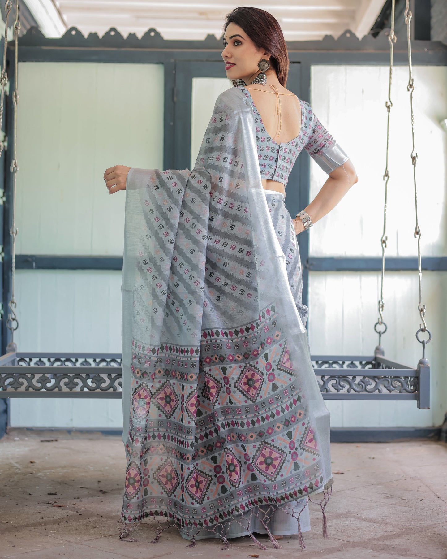 Grey Pastel Geometric & Floral Print Pure Cotton Linen Saree with Blouse and Tassels