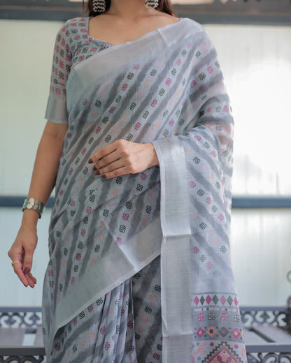 Grey Pastel Geometric & Floral Print Pure Cotton Linen Saree with Blouse and Tassels