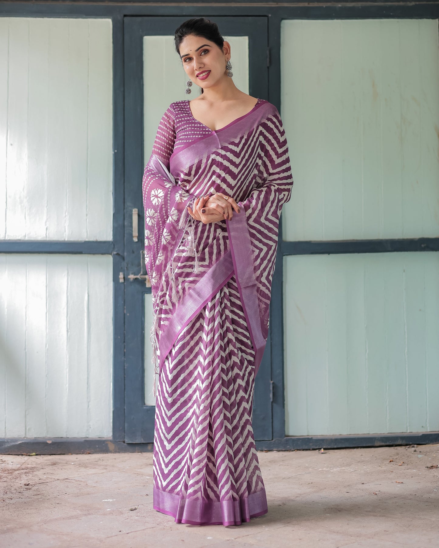 Purple and White Zigzag Patterned Pure Cotton Linen Saree with Blouse and Tassel Edges