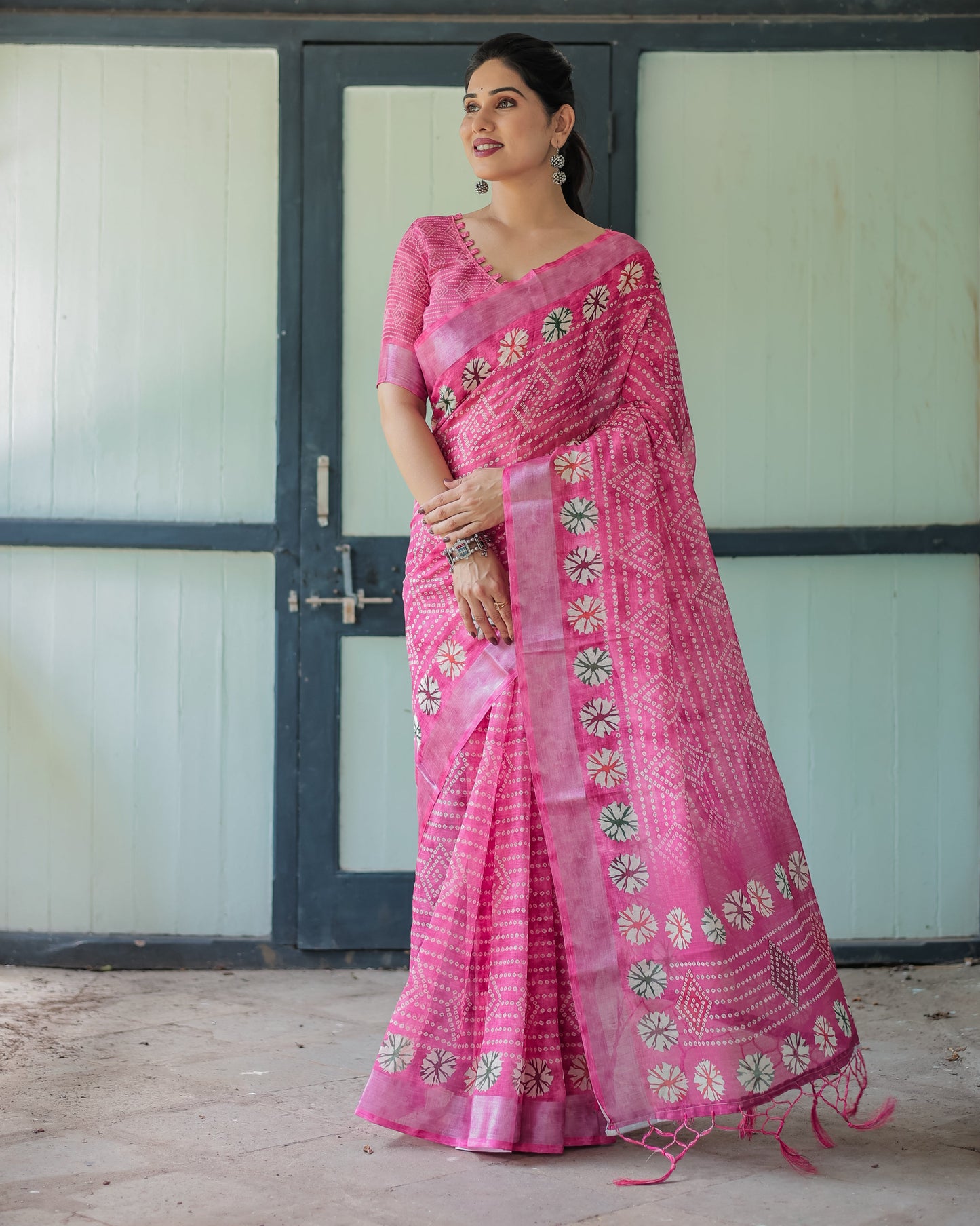 Fuchsia Pink Handcrafted Cotton Linen Saree with Geometric Print and Tassels