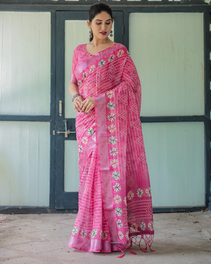 Fuchsia Pink Handcrafted Cotton Linen Saree with Geometric Print and Tassels