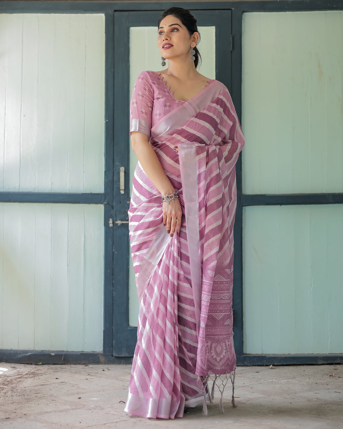 Purple Chevron Print Pure Cotton Linen Saree with Blouse and Tassels