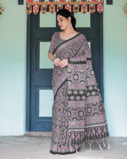 Black Pure Cotton Linen Saree with Pink Striped Pallu and Tassel Accents