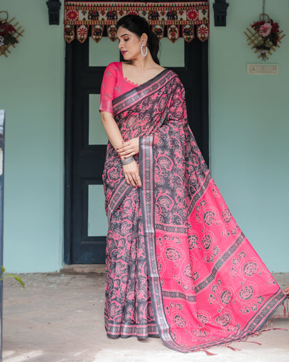 Pure Cotton Linen Saree in Black and Pink with Floral Print and Tassels