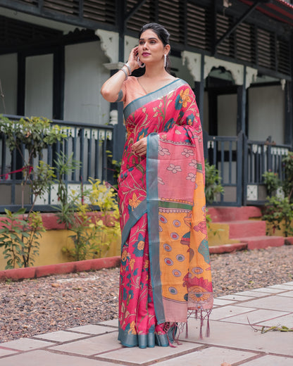 Pink and Orange Pure Cotton Linen Saree with Floral Kalamkari Print, Blue Border, and Tassels