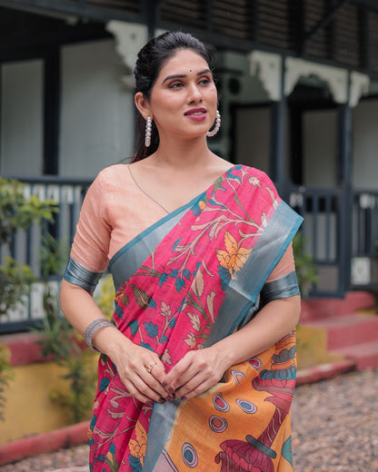 Pink and Orange Pure Cotton Linen Saree with Floral Kalamkari Print, Blue Border, and Tassels