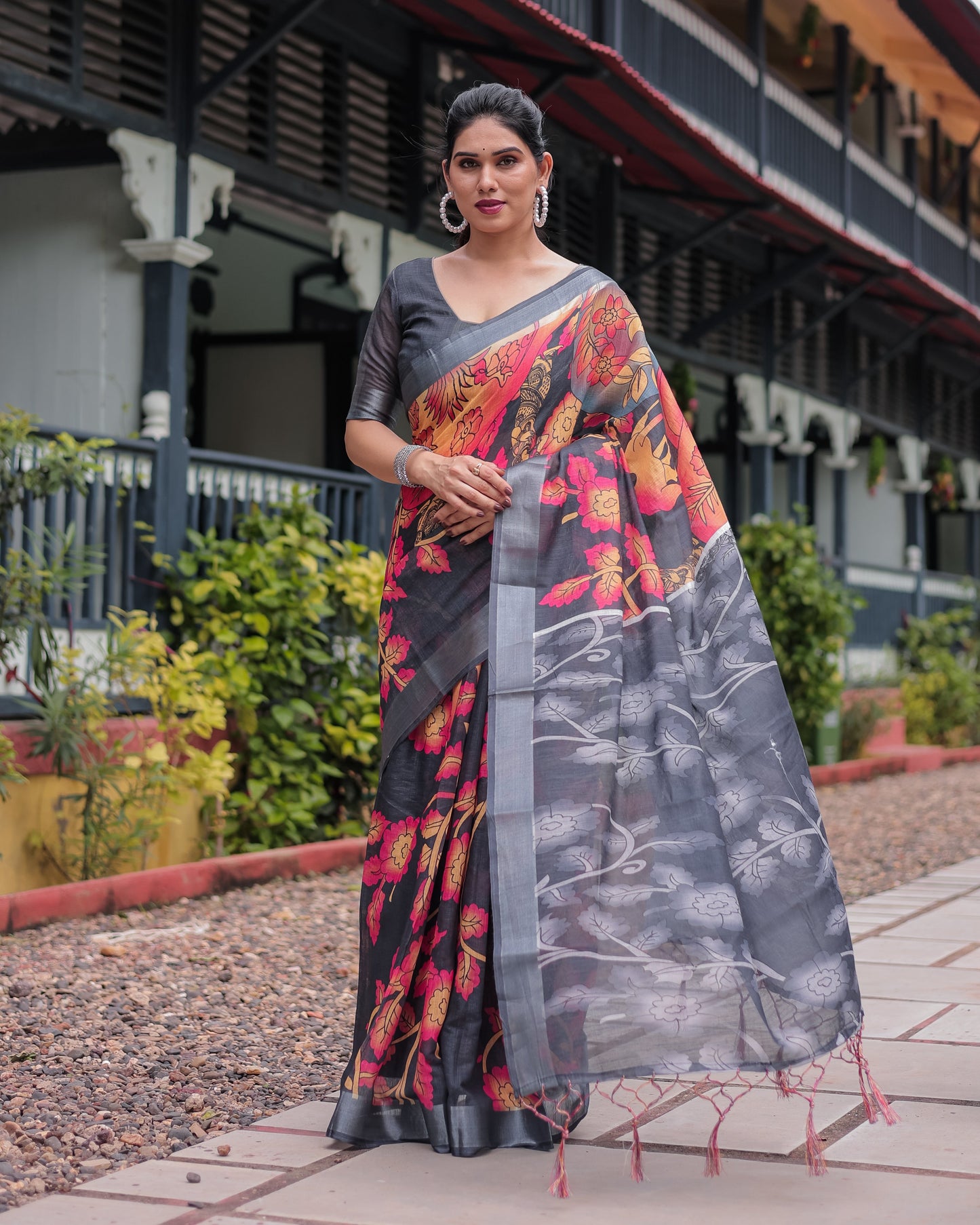 Multicolor Floral Design Pure Cotton Linen Saree with Blouse and Tassels