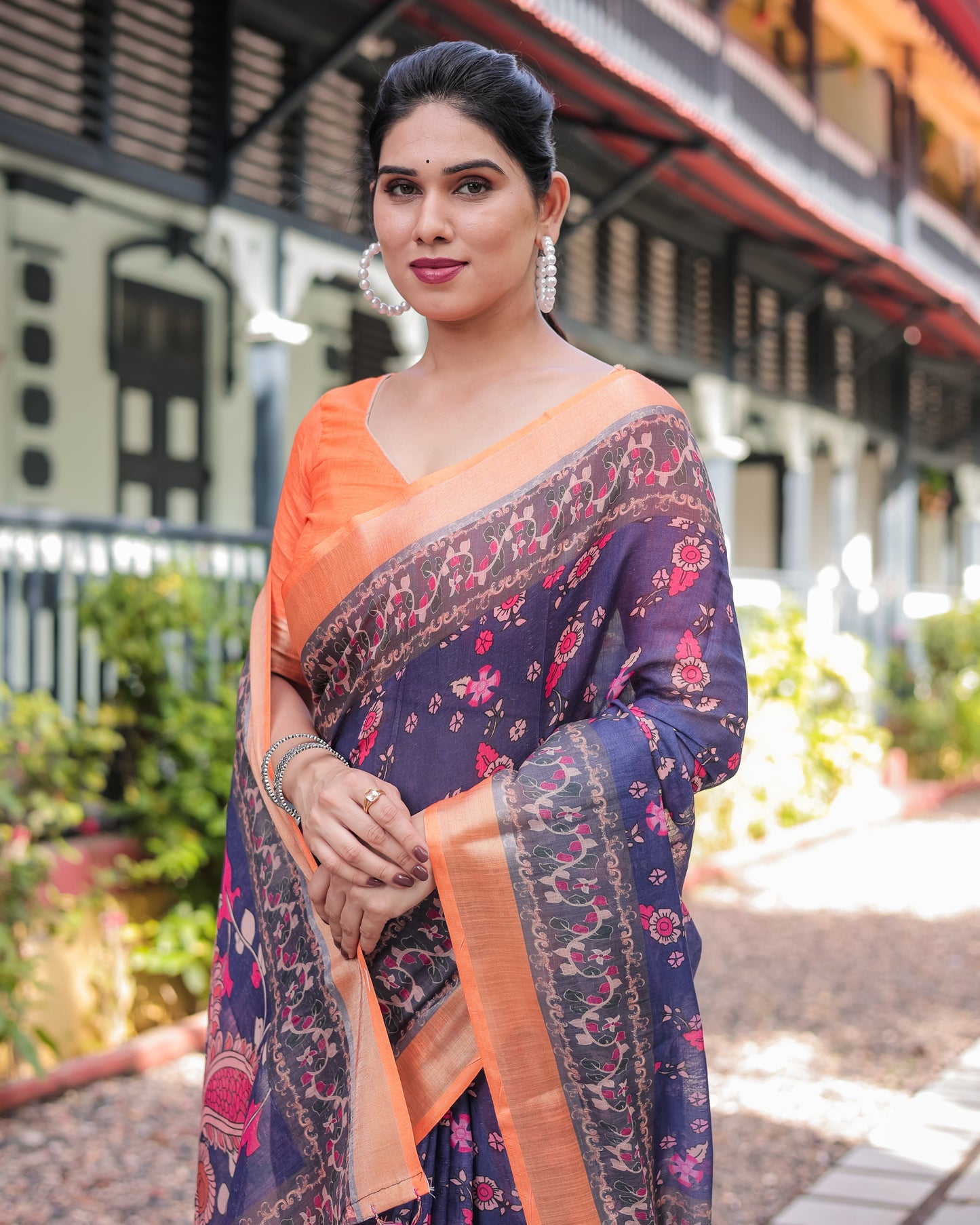 Indigo Blue Floral Print Pure Cotton Linen Saree with Orange Border and Tassels