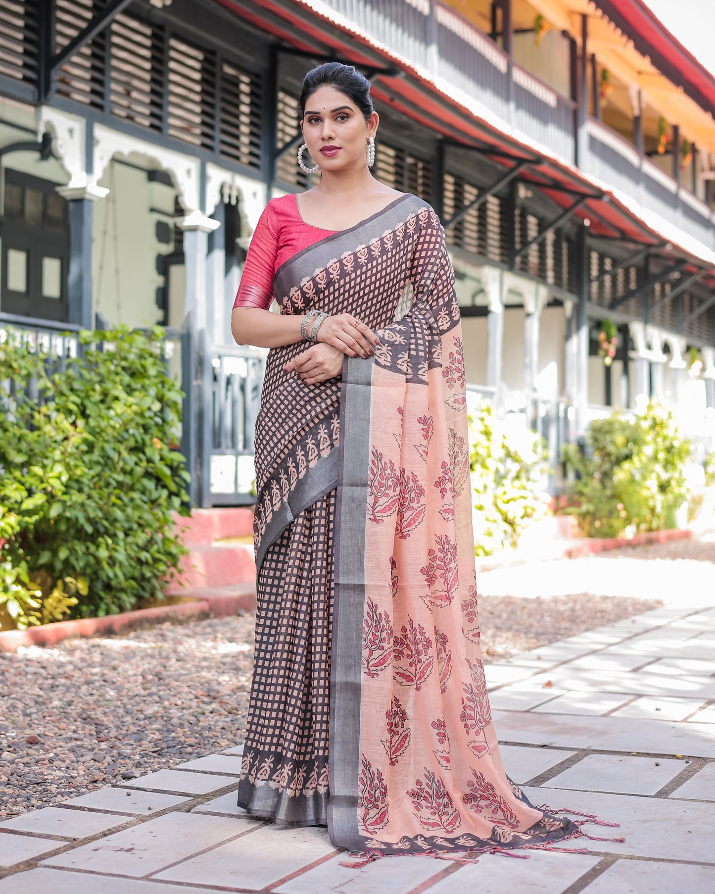 Peach and Black Floral and Geometric Design Pure Cotton Linen Saree with Blouse and Tassels