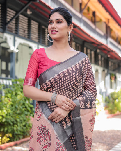 Peach and Black Floral and Geometric Design Pure Cotton Linen Saree with Blouse and Tassels