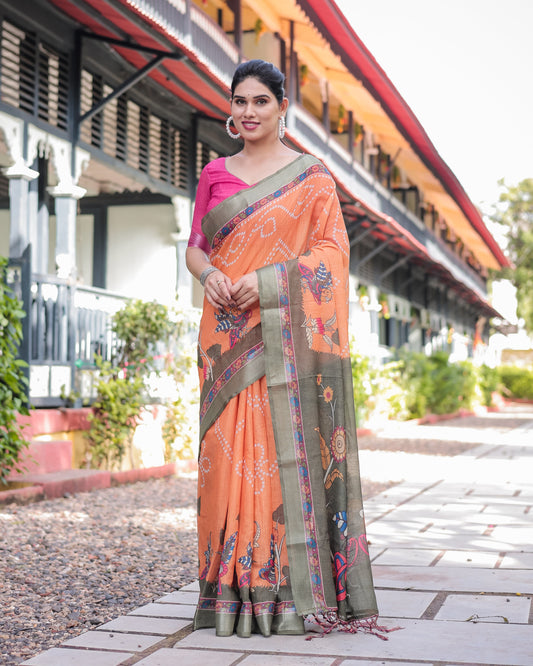 Orange and Olive Green Kalamkari Design Pure Cotton Linen Saree with Blouse and Tassels