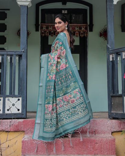 Teal Green Floral Printed Pure Cotton Linen Saree with Blouse and Tassels on Edges