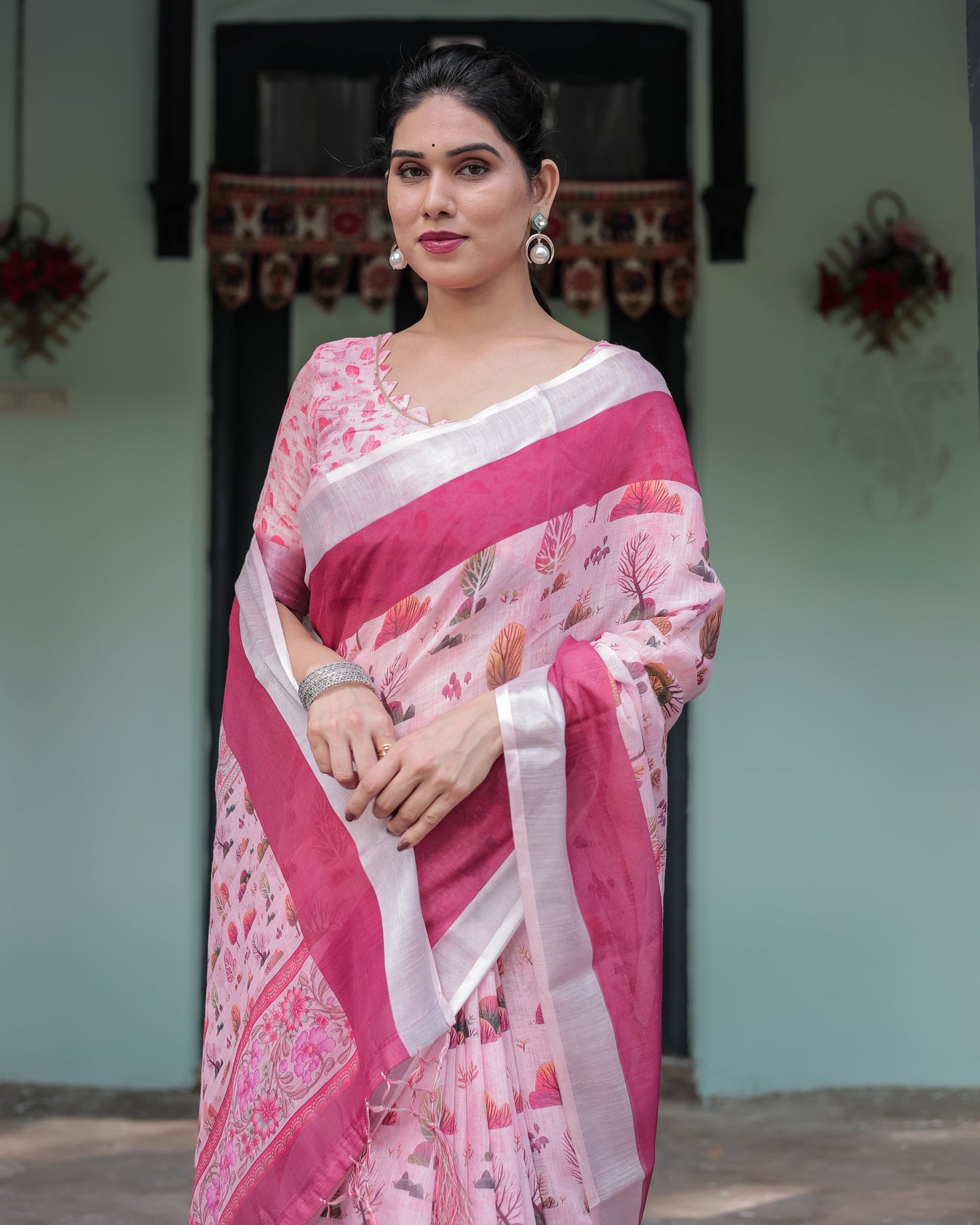 Soft Pink and Magenta Floral & Foliage Print Cotton Linen Saree with Blouse and Tassel Finish